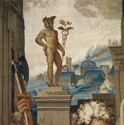 Tapeçaria representando os Atos dos Apóstolos, o sacrifício de Lystra detalhe da estátua que representa a divindade Mercúrio, tecido na Oficina de Beauvais sob a direção de Philippe Behagle 1641-1705,